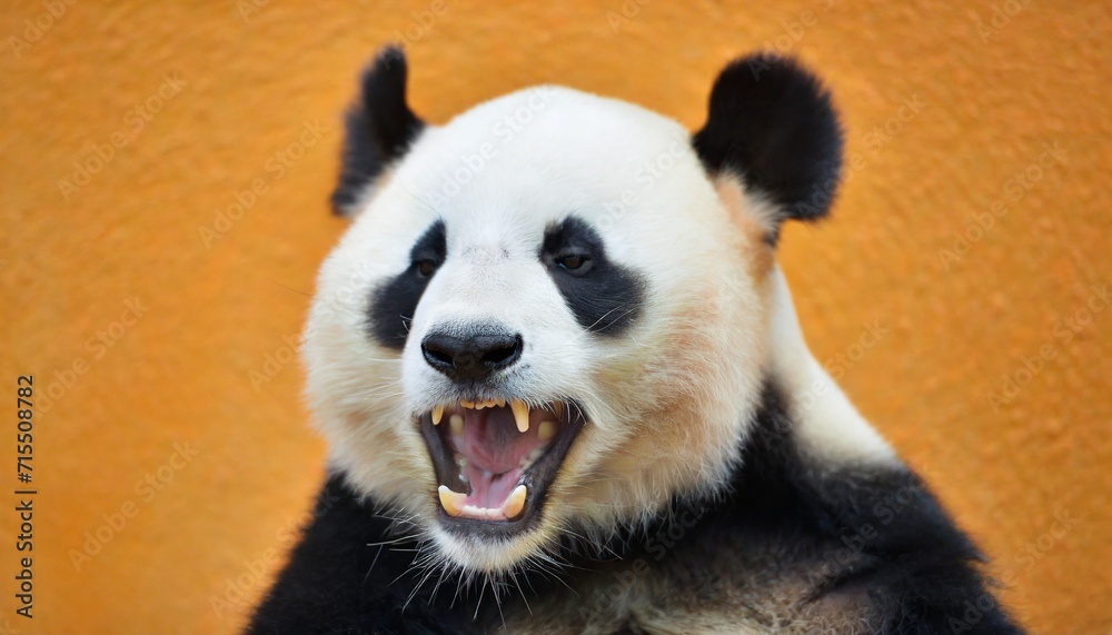 Fototapeta premium portrait of a panda showing his teeth open mouth orange background