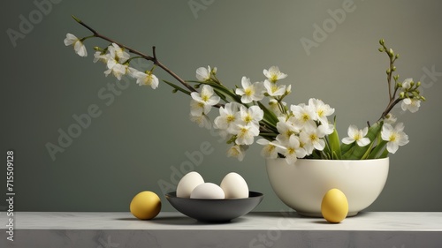 Blooming spring tree branches in a vase and Easter eggs  Easter minimalism showcasing the simplicity and elegance of holiday decor.