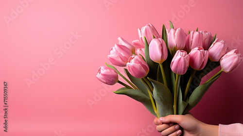 Hands Holding Bouquet of Pink Tulips on Pink Background. Generative AI