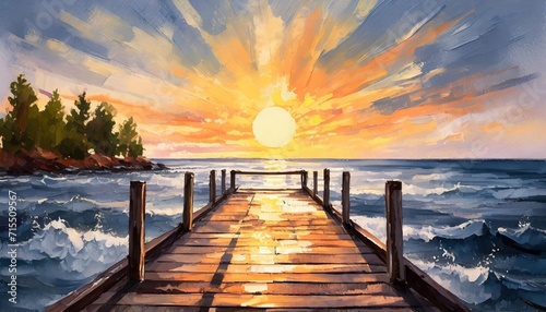 sunset painting with the ocean on the coast painting on a dock in front of the sun illustration photo