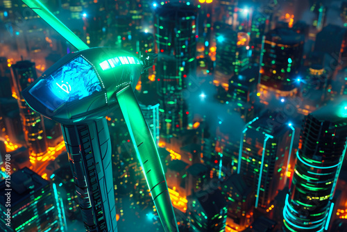 City Glow: Illuminated Wind Turbine at Night