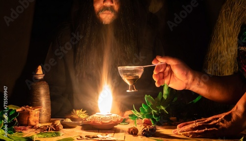 illustration fantasy shaman leading a holy ayahuasca ceremony illustrated ayahuasca trip with mature male shaman beautiful shamanic spirituality beliefs shaman illustration