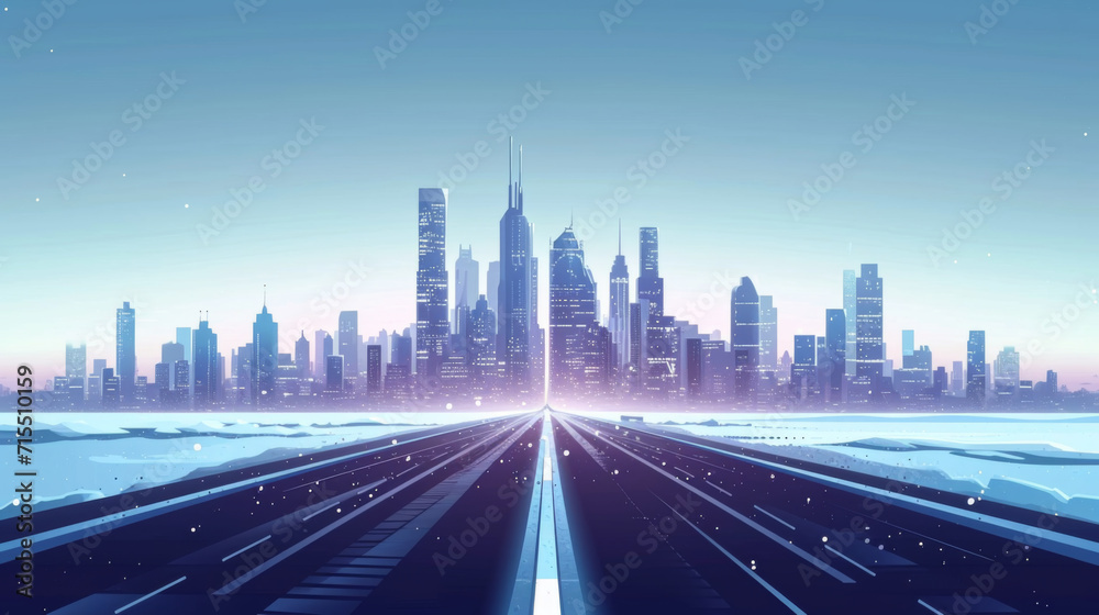 Fototapeta premium Future city on a horizon with highway road fast going to it vector abstract background metropolis skyline with speed highway road to town. 