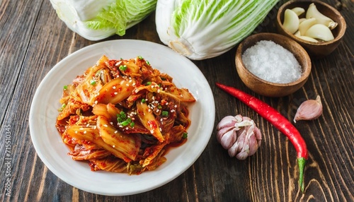 chinese cabbage kimchi and ingredients on a wooden table