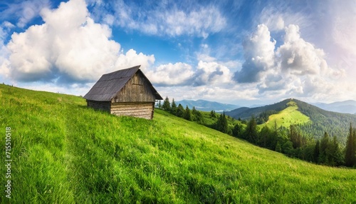 majestic rural grassland in the carpathian mountains ukraine rustic lonely wooden house on the green grass summer hill under the beautiful sky with cumulus clouds