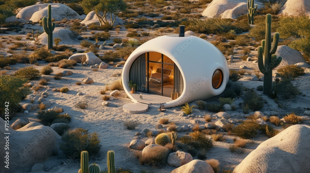 White glossy tiny house in futuristic style in desert or beach, agave, cactus, capsule round form, sunny day, stones, bright style, White glossy tiny house in futuristic style in desert or beach, agave, cactus, capsule round form, sunny day, stones, bright style,