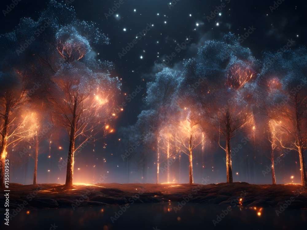 Landscape with trees full of glowing lights