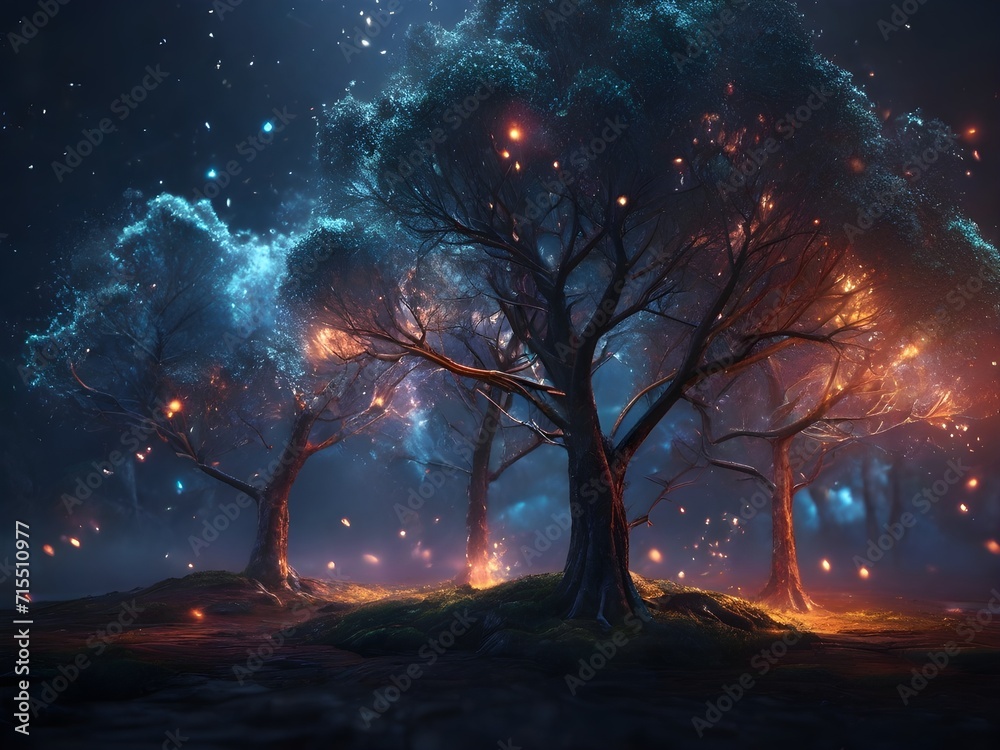 Landscape with trees full of glowing lights Landscape with trees full of glowing lights