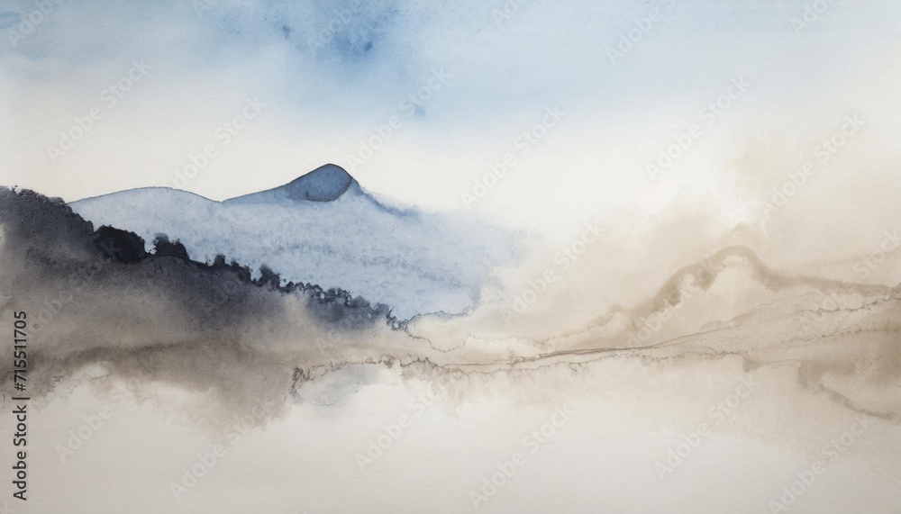 ink watercolor hand drawn smoke flow stain blot landscape on wet paper texture background beige blue colors