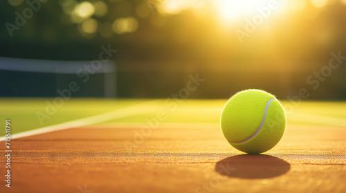 Closeup of tennis ball on empty court. Sunset, sun rays. Concept of a sporty lifestyle. Generative AI © AngrySun