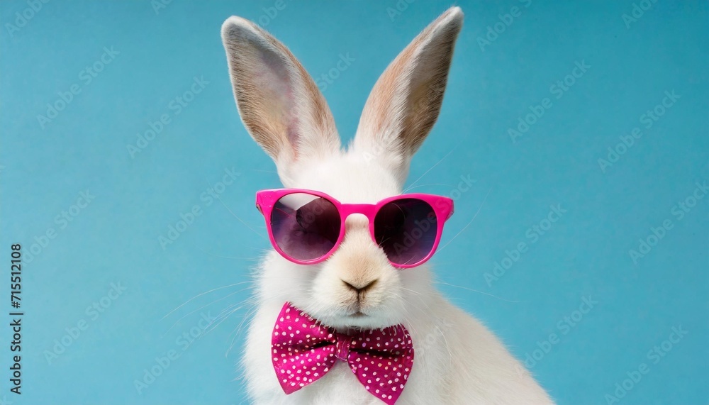 funny easter concept holiday animal celebration greeting card cool easter bunny rabbit with pink sunglasses and bow tie isolated on blue background - obrazy, fototapety, plakaty 
