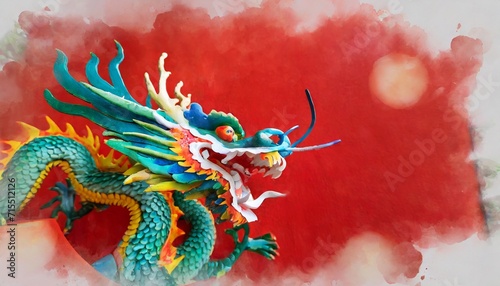 dragon watercolor painting in red tone chinese new year background with copy space