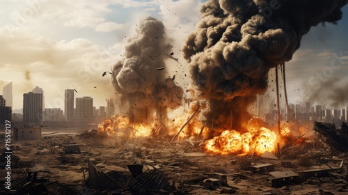 an explosion on a battleground, capturing the chaos, debris, and the profound consequences of conflict.