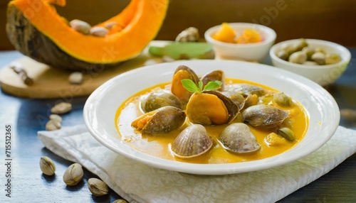 homemade spicy curry clams with coconut milk and pumpkin thai style food selective focus