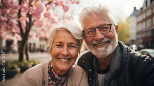 A cheerful senior couple at outdoors, sharing smiles and laughter surrounded by autumn colors.  © Pixza