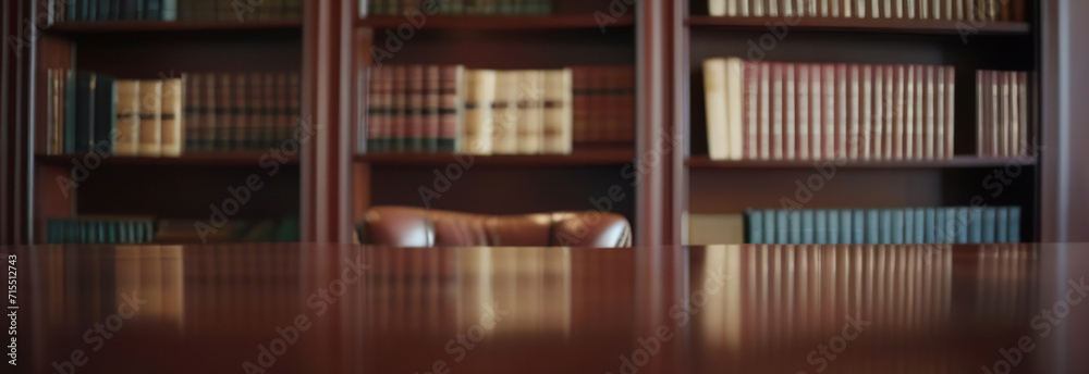 Empty wooden desk counter. Blurry old library interior with table. Table-top view on blurred background of classroom setting. Banner for displaying educational product or design. Vintage bookshop ad. Empty wooden desk counter. Blurry old library interior with table. Table-top view on blurred background of classroom setting. Banner for displaying educational product or design. Vintage bookshop ad.