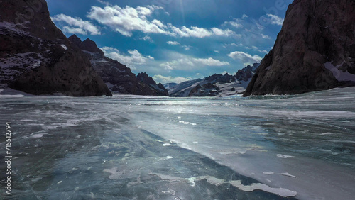 High-altitude frozen lake  lake in ice  lake of ice  Kyrgyzstan