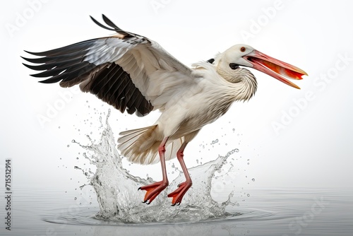 The white stork flying with splash of water isolated on white 