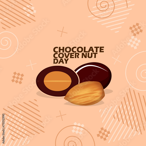 National Chocolate Covered Nut Day event banner. Chocolate containing almonds, with bold text on light brown background to celebrate on February 25