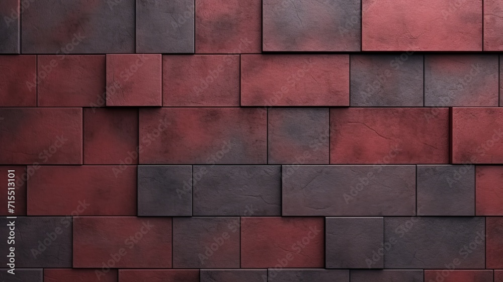 Vibrant maroon cement wall texture: abstract geometric 3d brick pattern, bright and textured mapping object