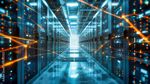Secure Datacenter Interior: A blue-toned datacenter room with secure infrastructure, hosting, and modern technology for data storage and communication