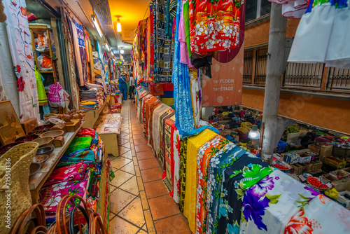 View of bright textiles and market stalls in Central Market in Port Louis, Port Louis, Mauritius