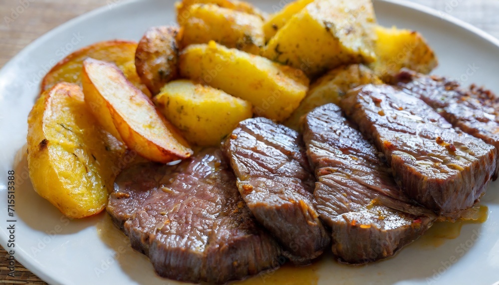 delicious butter beef steak strips with roasted potatoes and yams traditional american cuisine dish specialty for family dinner holiday celebrations