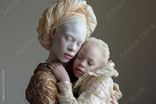 captivating representation of the albino community. Portrait of two people an albino mother and her daughter hug each other with eyes closed wearing white head wrap and unique silk clothes .