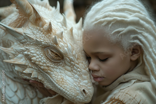 A young black girl with standing next to her white dragon bonding.  photo