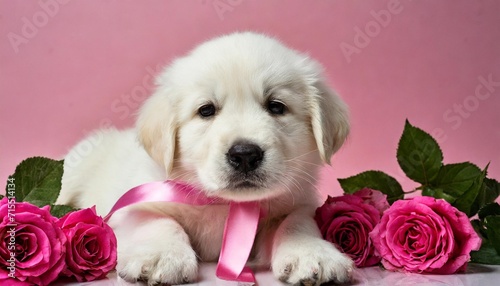 cute white golden retriever puppy wear pink ribbon pose in studio pink background surrounded by pink roses
