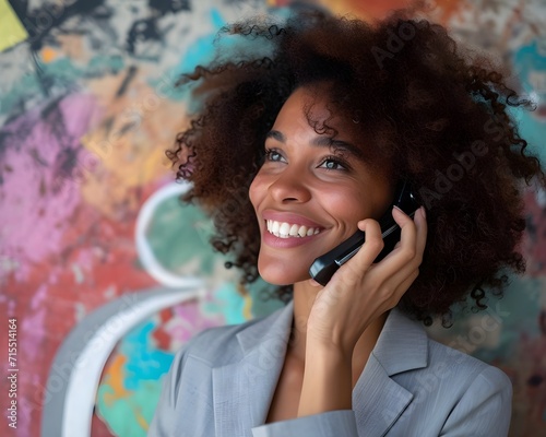 Magenta Melodies Optically Enhanced Phone Chats with a Smiling Black Woman photo