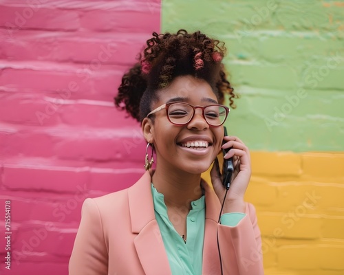 Magenta Melodies Optically Enhanced Phone Chats with a Smiling Black Woman photo