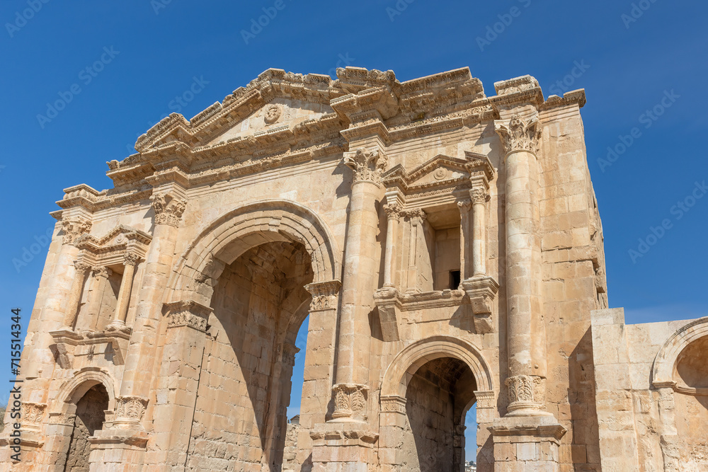 Beautiful Arch of Hadrian was built to honour the visit of Emperor Hadrian to Gerasa. Jerash , Jordan. Horizontally. 