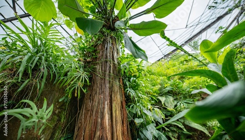 rainforest tree trunk with tropical foliage plants monstera golden pothos vines ivy bird s nest fern and orchid leaves rich biodiversity in nature