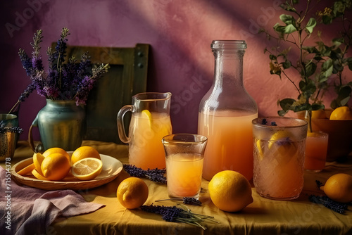 Still life with lavender infused lemonade and lemons on the pastel orange table