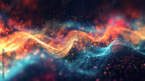 Abstract visualization of sound and music with waves of light particles.