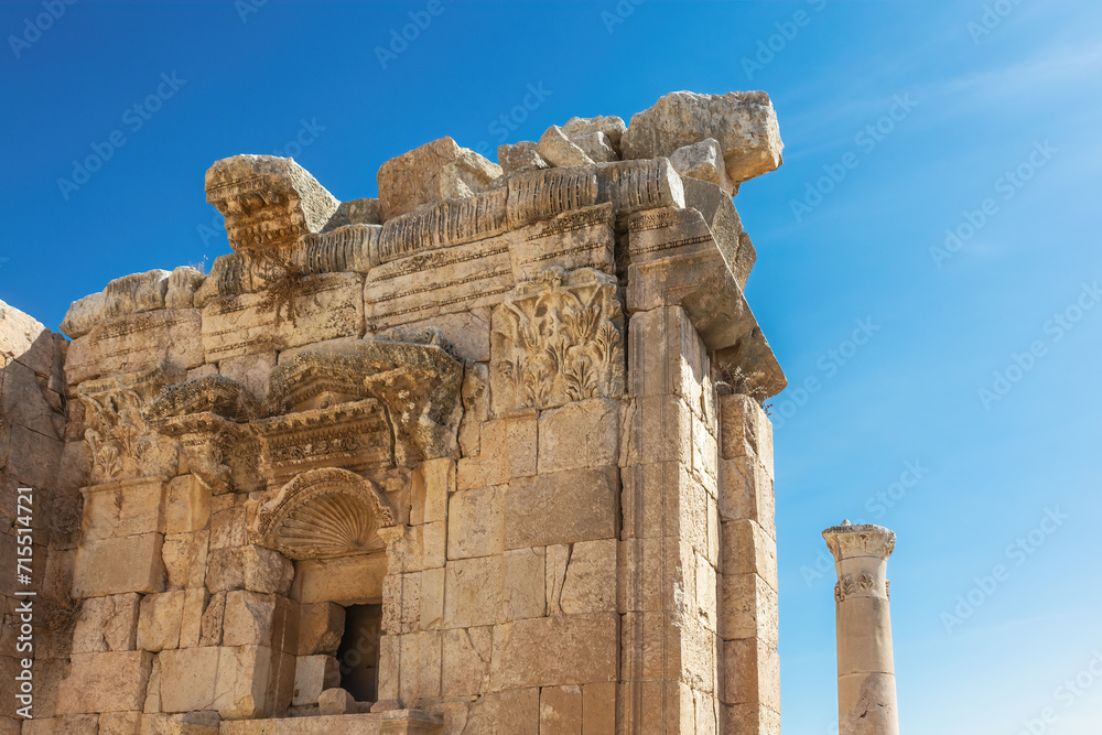 Ancient Roman Ruins of the Propylaeum at ruins of Jerash archaeological site.  Jordan.