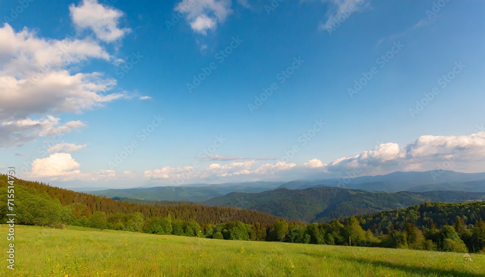 mountainous rural landscape on a sunny afternoon forested hills and green grassy meadows in evening light ridge in the distance sunny weather with fluffy clouds on the bright blue sky