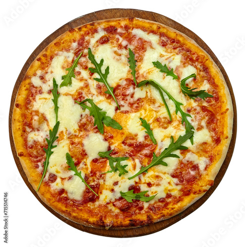Traditional Italian pizza with mozzarella cheese, mushrooms, ham, pepperoni, peppers and tomatoes on wooden board isolated on transparent background. Top view