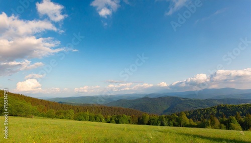 mountainous rural landscape on a sunny afternoon forested hills and green grassy meadows in evening light ridge in the distance sunny weather with fluffy clouds on the bright blue sky © Paris