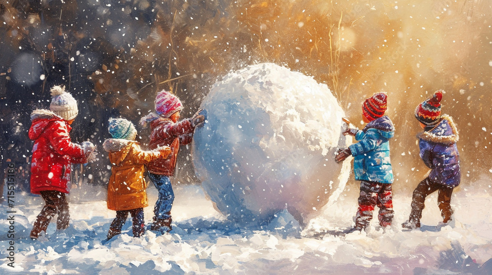 happy Children playing in the snow on a winter day