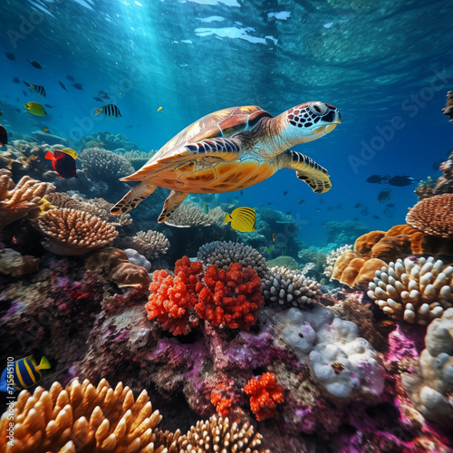 Coral reef many fishes sea turtle © Kokhanchikov