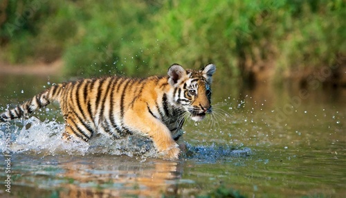bengal tiger panthera tigris juvenile age 10 month old cub running through water ranthambhore india photo