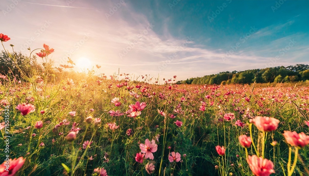 beautiful meadow with wild flowers over sunset sky beauty nature field background with sun flare wild grass and flower sunny summer or autumn nature backdrop peach fuzz color of the year 2024