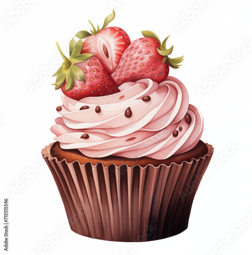 Watercolor illustration of strawberry cupcake. Sweet dessert, clipart for cafe, menu, festives photo