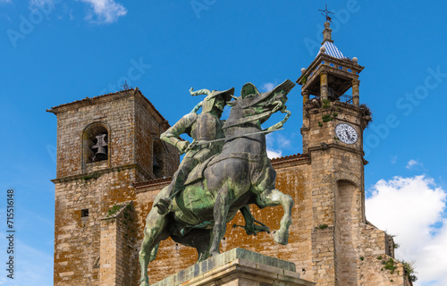 Statue of Francisco Pizarro, Spanish explorer and conqueror of Peru, in front of the Iglesia de San Martin (Church of San Martin) on the Plaza Mayor, Trujillo, Caceres, Extremadura, Spain