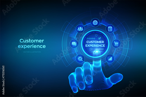 Customer Experience concept. Customer Satisfaction Survey. Service experience rating online application. Satisfaction feedback review. Wireframe hand touching digital interface. Vector illustration.
