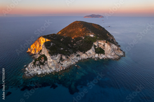 Sunset above Gavi island with Zannone island in the background, aerial view, Ponza municipality, Circeo National Park, Pontine archipelago, Tyrrhenian sea, Latina province, Latium  Europe