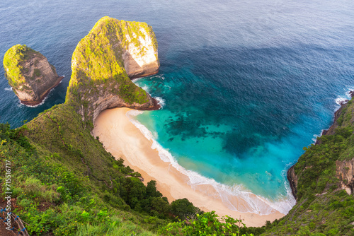 Kelingking white and sandy beach (T-Rex Beach) seen from above at sunrise, Nusa Penida island, Klungkung regency, Bali, Indonesia, Southeast Asia photo