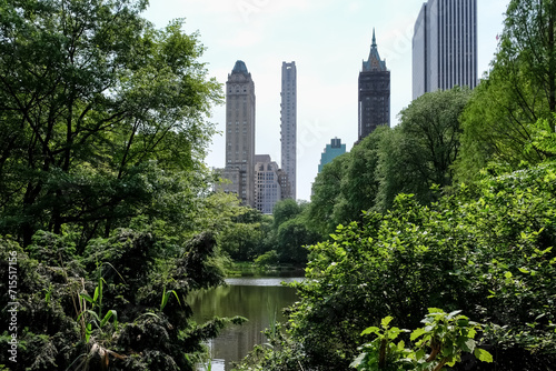 View of Manhattan cityscape as seen from The Pond, one of seven bodies of water in Central Park located near Grand Army Plaza, across Central Park South from the Plaza Hotel, New York City photo